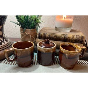 Vintage Brown Drip Glaze Stackable COFFEE TEA MUGS & Lidded Sugar SET JAPAN
